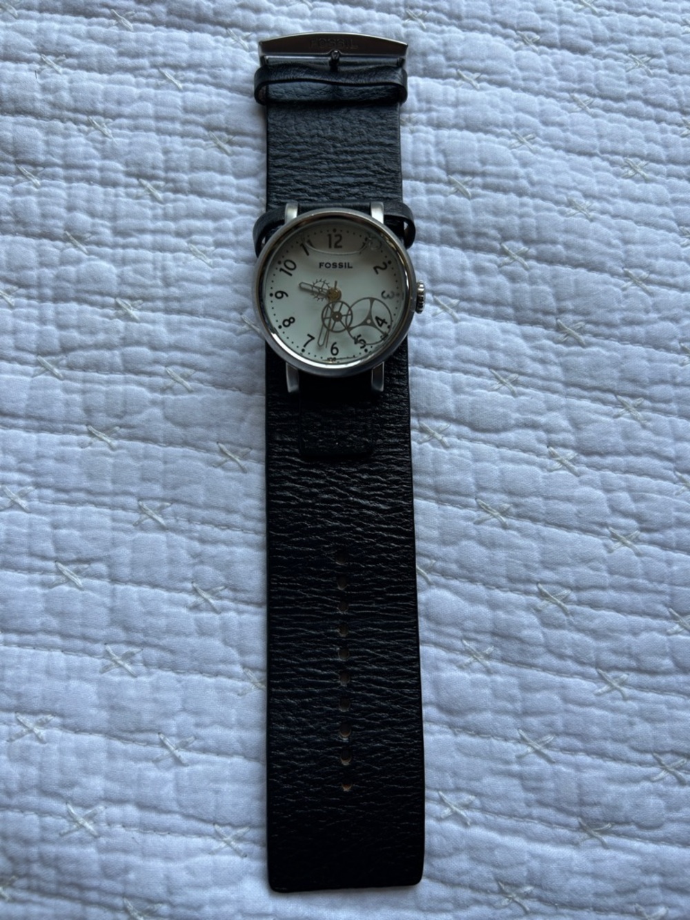 Fossil Black Leather Strap Watch with Cream Dial